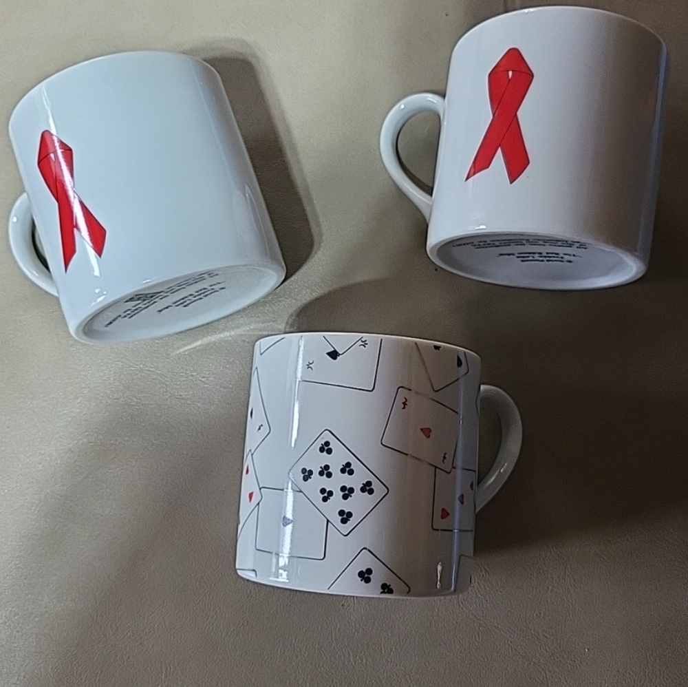 Vintage Swid Powell "Game Set Cards" mug and 2 "The Red Ribbon Mugs"